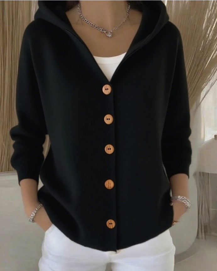 Ins Button Hooded Sweater Fashion Autumn And Winter Knitted Cardigan Casual Commuter Long Sleeve Top Women's Clothing - Opxy Luxe