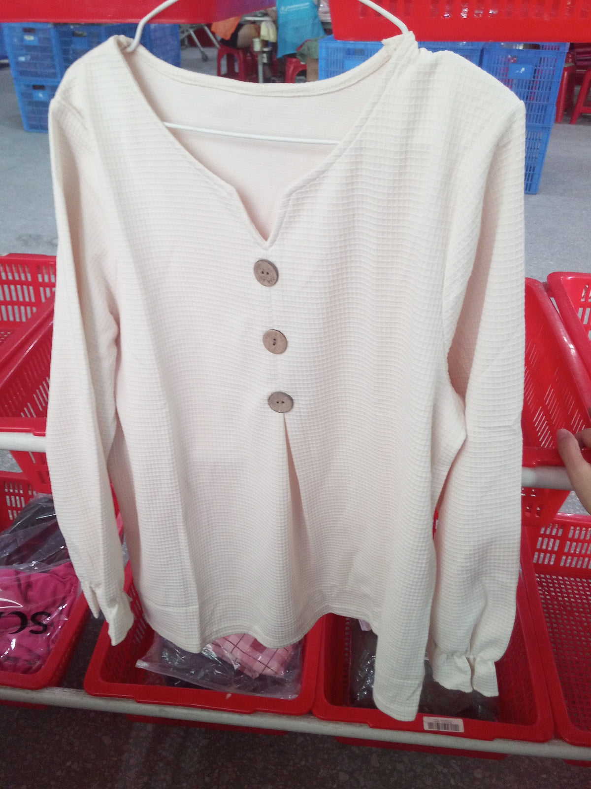 Casual Waffle V Neck Blouse Spring Autumn Women Wooden Button Ruffle Cuff Long Sleeve Loose Casual Tops - Opxy Luxe