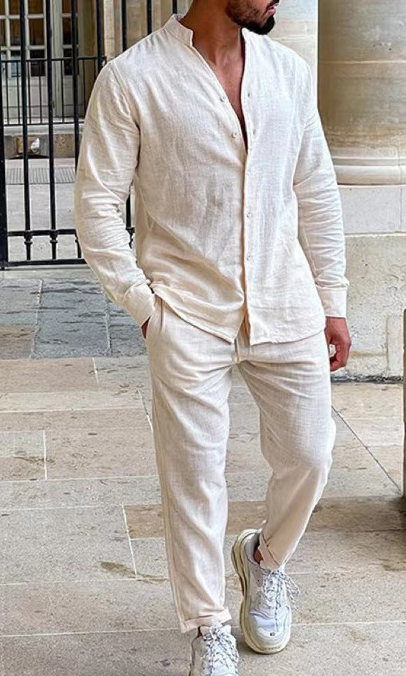 Men's Long Sleeve Suits Solid Color V-neck Pullover Tops And Straight Pants Casual Two Piece Set For Daily Wear Clothing - Opxy Luxe