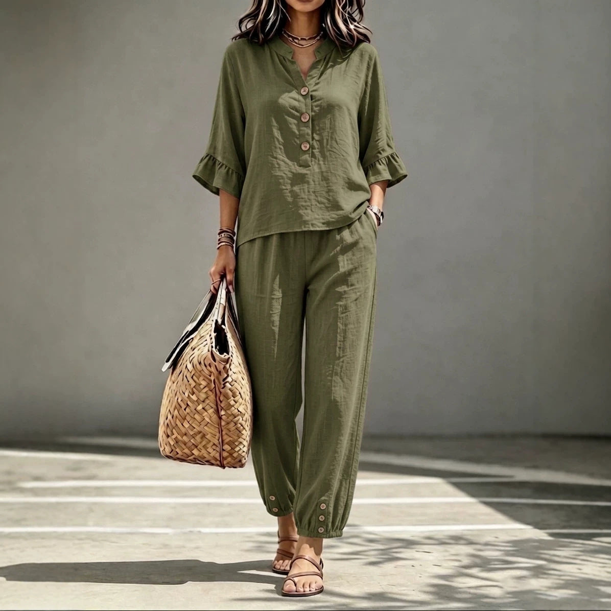 2pcs Set Women's Casual V-neck Collar Button Top Three-quarter-sleeve Top And Cropped Wide Leg Trousers Set Retro Female Office Suit - Opxy Luxe