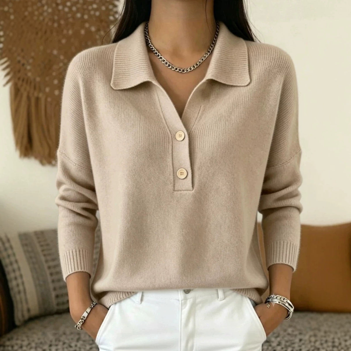 Women 's Polo Collar Knit Sweater Half Button V Neck Solid Color Loose Long Sleeve Elegant Trendy Casual Fall Winter Knit Top - Opxy Luxe