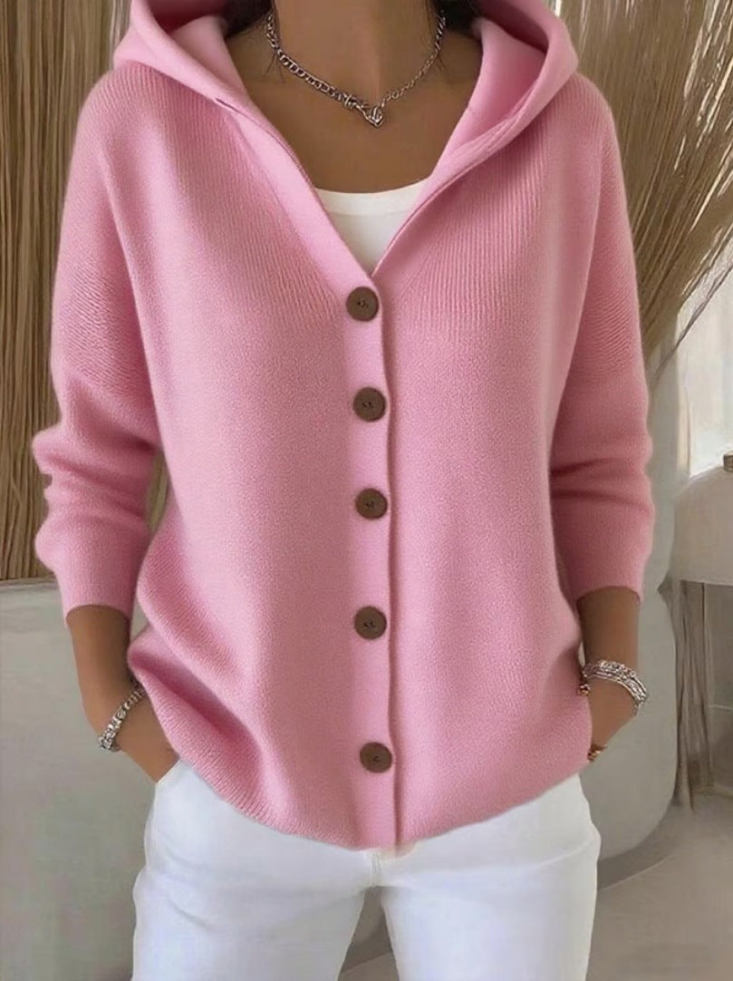 Ins Button Hooded Sweater Fashion Autumn And Winter Knitted Cardigan Casual Commuter Long Sleeve Top Women's Clothing - Opxy Luxe