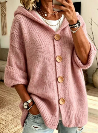 Women's Solid Color Hooded Cardigan Sweater Casual Long Sleeve Button Down Knit Top - Opxy Luxe