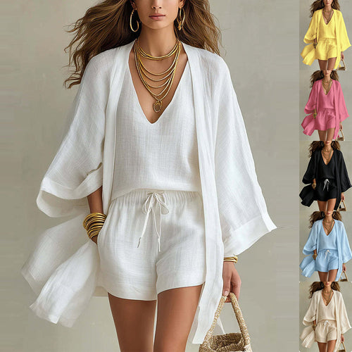 3pcs Suits Mid-length Cardigan Sleeveless Vest And Shorts Set Women's Casual Three-piece Outfit For Daily Wear - Opxy Luxe