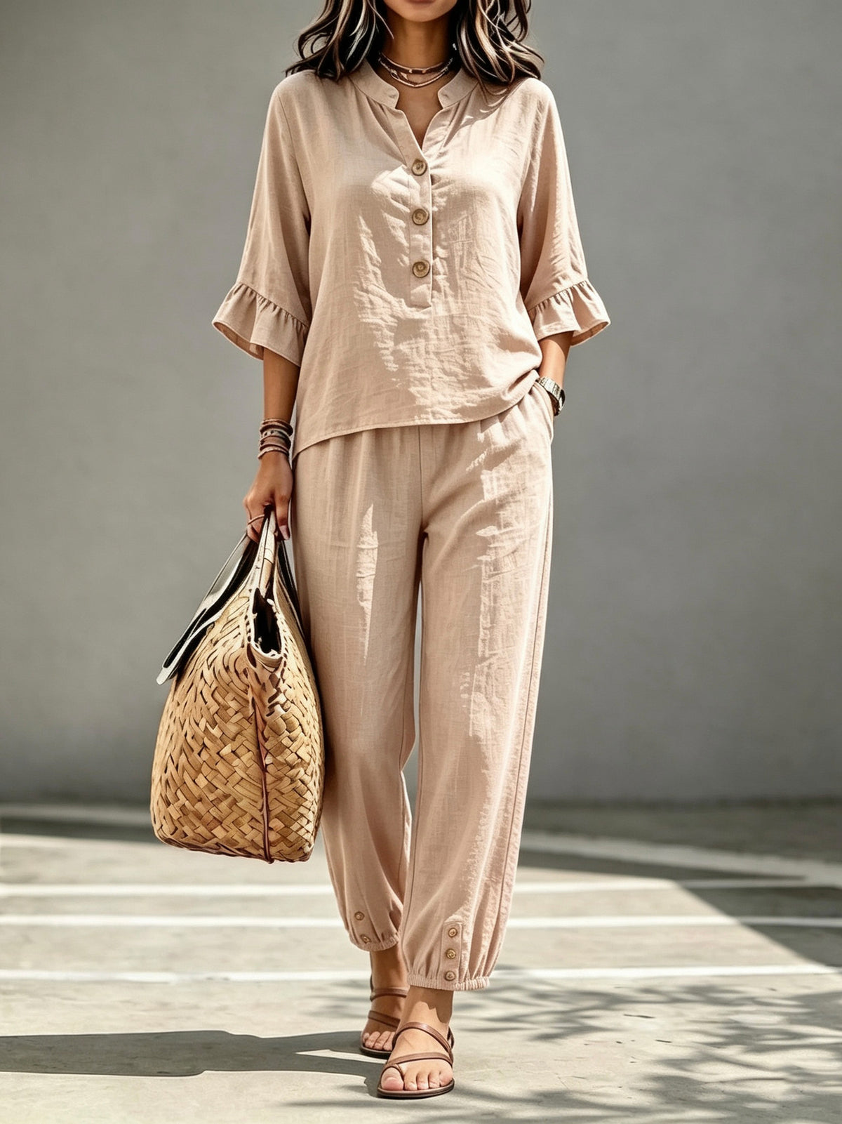 2pcs Set Women's Casual V-neck Collar Button Top Three-quarter-sleeve Top And Cropped Wide Leg Trousers Set Retro Female Office Suit - Opxy Luxe