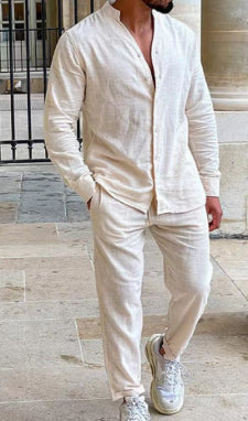 Men's Long Sleeve Suits Solid Color V-neck Pullover Tops And Straight Pants Casual Two Piece Set For Daily Wear Clothing - Opxy Luxe