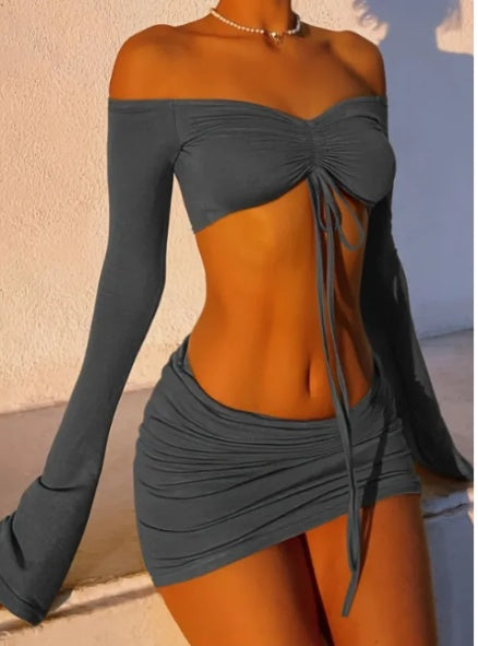 Drawstring Drop Ruched Off Shoulder Two-piece Skirt Set Y2K Long Sleeve Top & Bodycon Skirt Outfits Women's Clothing - Opxy Luxe