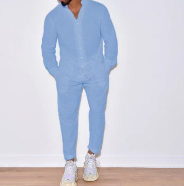 Men's Long Sleeve Suits Solid Color V-neck Pullover Tops And Straight Pants Casual Two Piece Set For Daily Wear Clothing - Opxy Luxe
