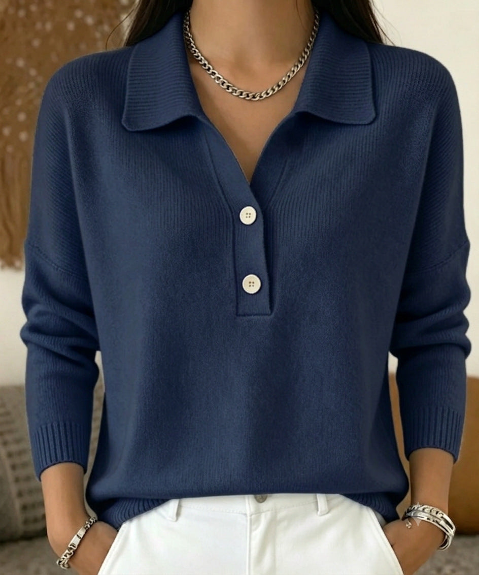 Women 's Polo Collar Knit Sweater Half Button V Neck Solid Color Loose Long Sleeve Elegant Trendy Casual Fall Winter Knit Top - Opxy Luxe
