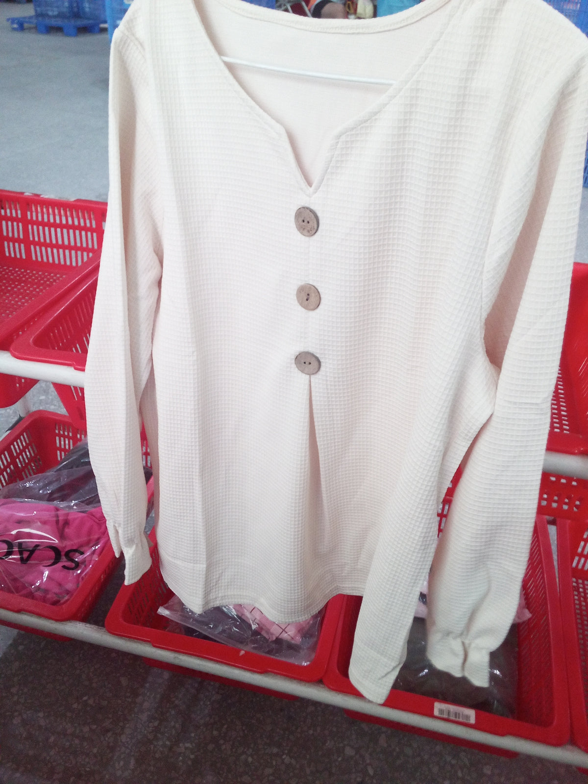 Casual Waffle V Neck Blouse Spring Autumn Women Wooden Button Ruffle Cuff Long Sleeve Loose Casual Tops - Opxy Luxe