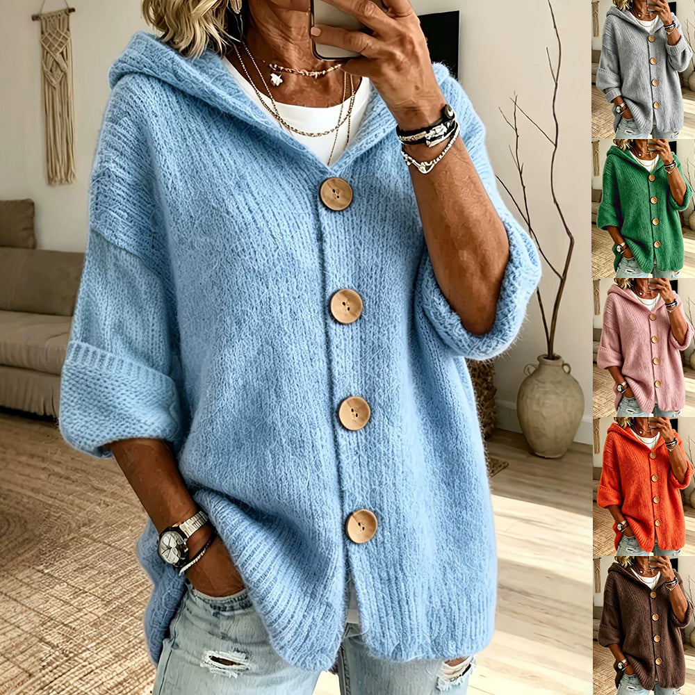 Women's Solid Color Hooded Cardigan Sweater Casual Long Sleeve Button Down Knit Top - Opxy Luxe