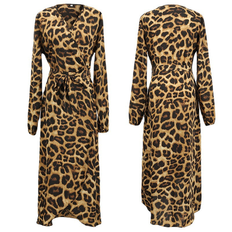 Leopard Print Dress V-Neck Long Sleeve Dress Women's Lace-Up Autumn Midi Skirt Casual Elegant Party Wear - Opxy Luxe