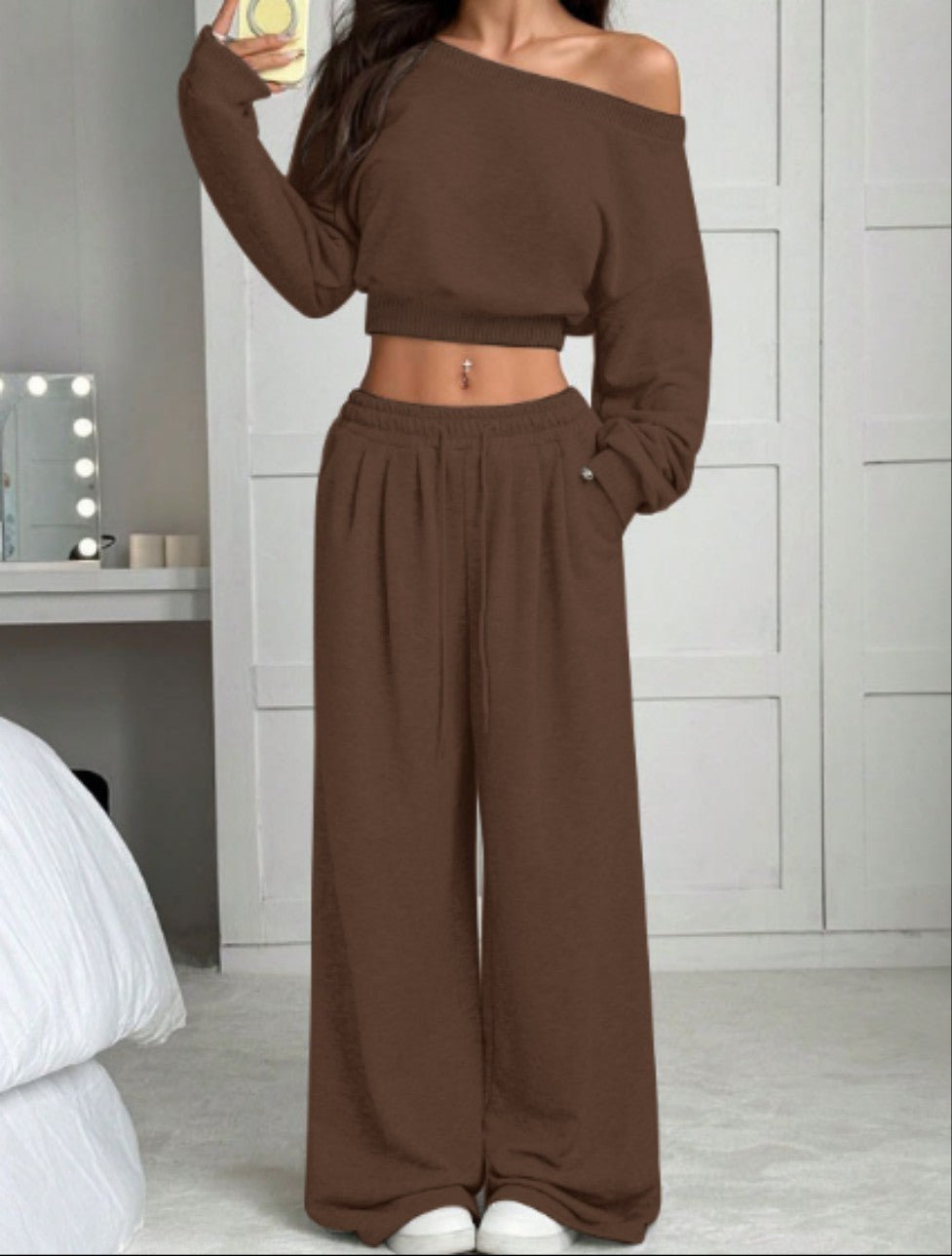 Casual 2-piece Set One-shoulder Long-sleeved Sweatshirt Women's Suit Autumn New Fashion Elastic Waist Tie Loose Sports Trousers - Opxy Luxe