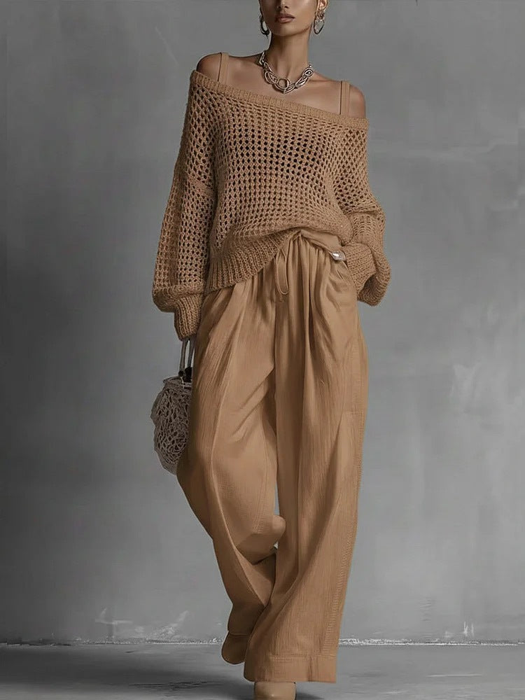 Hollow-Out Knitted Suits Women Loose Pullover Top And Drawstring Straight-leg Pants Casual Two-Piece Set Outfit - Opxy Luxe