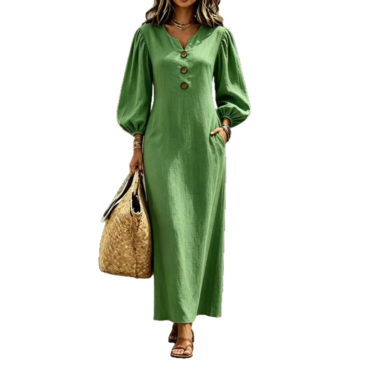 Casual V-neck Buttoned Long Dersses For Women Spring Summer Puff-sleeve A-line Dress For Daily Wear Vacation Outfits - Opxy Luxe