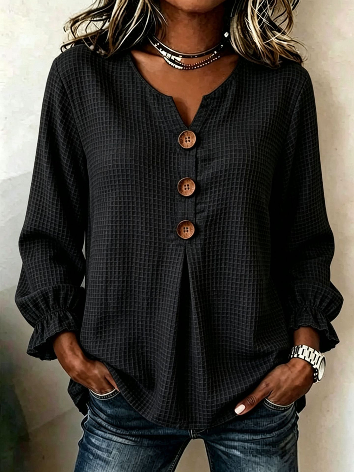Casual Waffle V Neck Blouse Spring Autumn Women Wooden Button Ruffle Cuff Long Sleeve Loose Casual Tops - Opxy Luxe