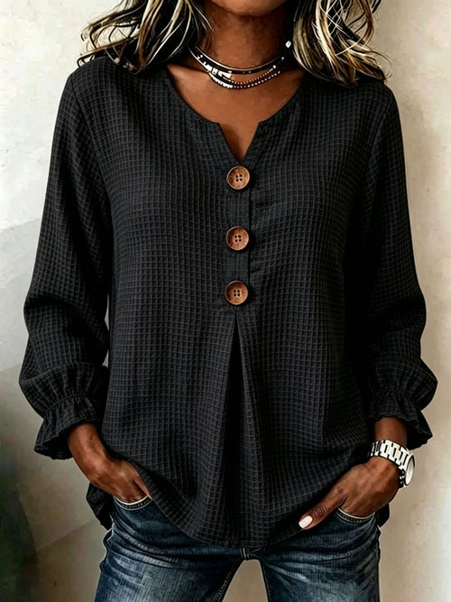 Casual Waffle V Neck Blouse Spring Autumn Women Wooden Button Ruffle Cuff Long Sleeve Loose Casual Tops - Opxy Luxe