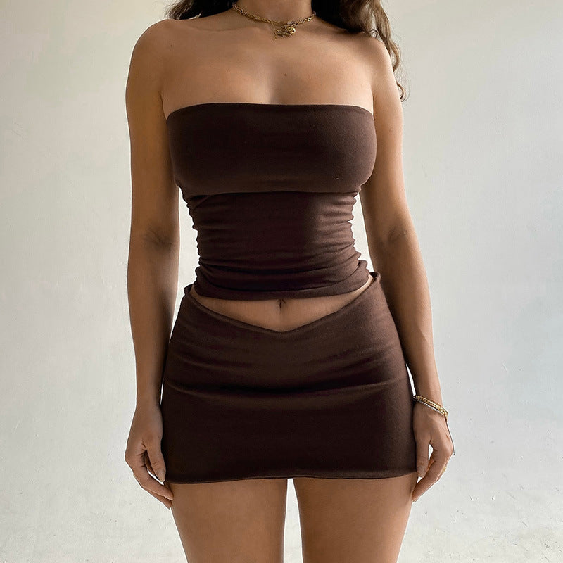 Summer Skirt Suits Slim Strapless Top And Short Skirt Women's Sexy Two-piece Set - Opxy Luxe