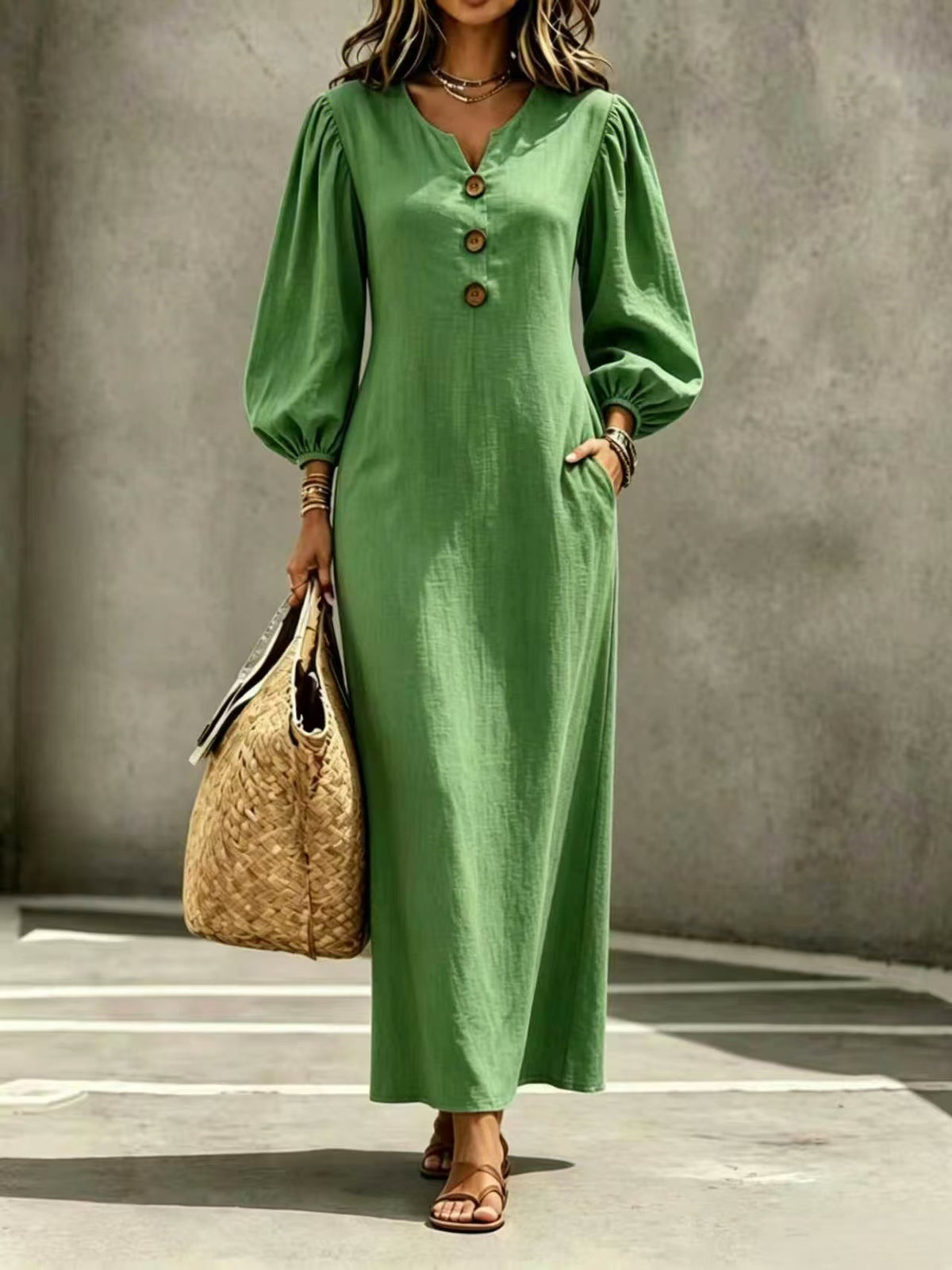 Casual V-neck Buttoned Long Dersses For Women Spring Summer Puff-sleeve A-line Dress For Daily Wear Vacation Outfits - Opxy Luxe