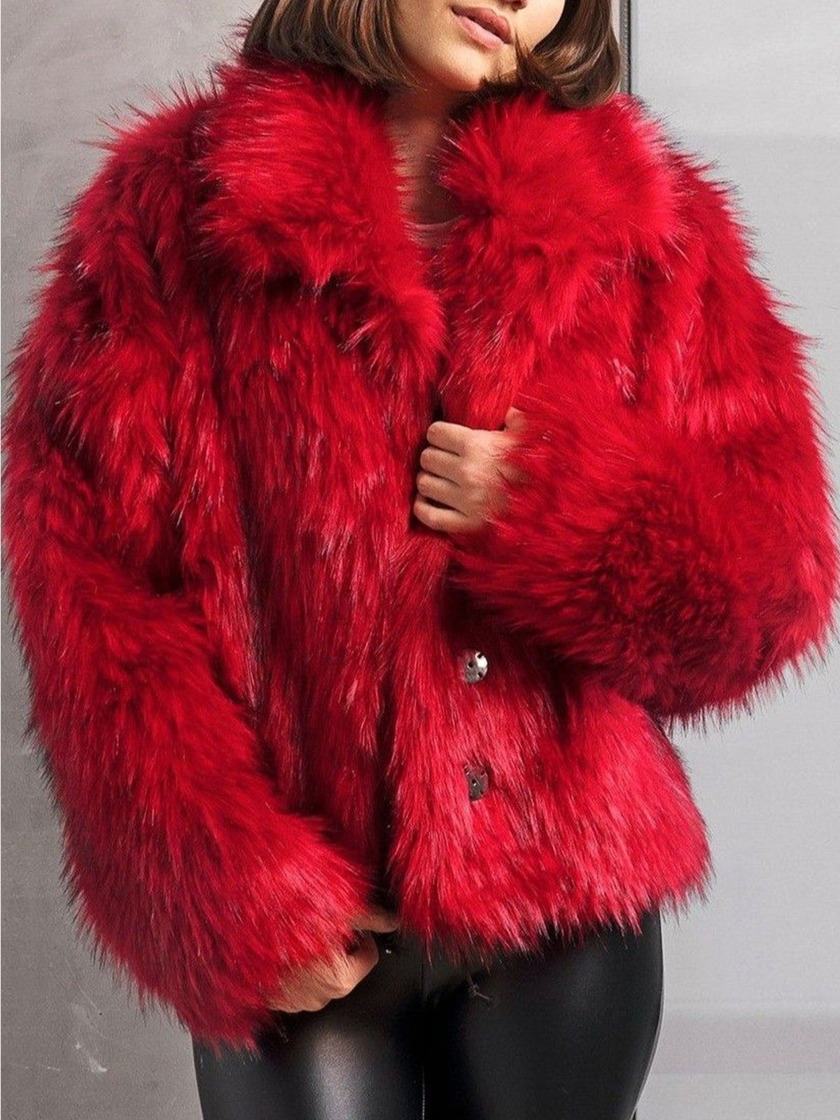 Women Vintage Bright Red Faux Fur Jacket, Loose Wide Collar Cropped Furry Outerwear - Opxy Luxe
