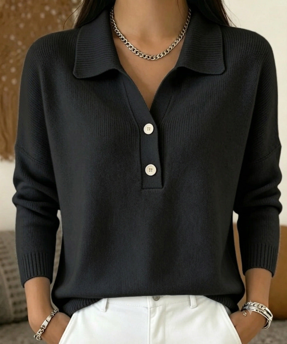 Women 's Polo Collar Knit Sweater Half Button V Neck Solid Color Loose Long Sleeve Elegant Trendy Casual Fall Winter Knit Top - Opxy Luxe