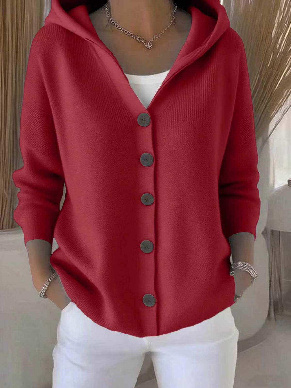 Ins Button Hooded Sweater Fashion Autumn And Winter Knitted Cardigan Casual Commuter Long Sleeve Top Women's Clothing - Opxy Luxe