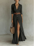 Women's Casual V-Neck Long Dress with High Side Split - Versatile Loose Fit Maxi Gown for Daily Wear - Opxy Luxe