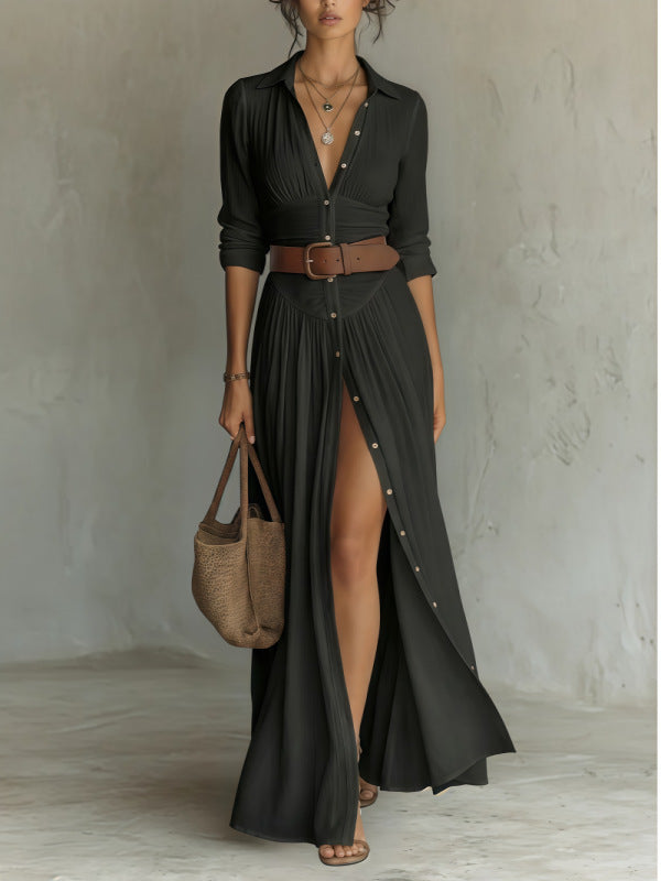 Women's Casual V-Neck Long Dress with High Side Split - Versatile Loose Fit Maxi Gown for Daily Wear - Opxy Luxe