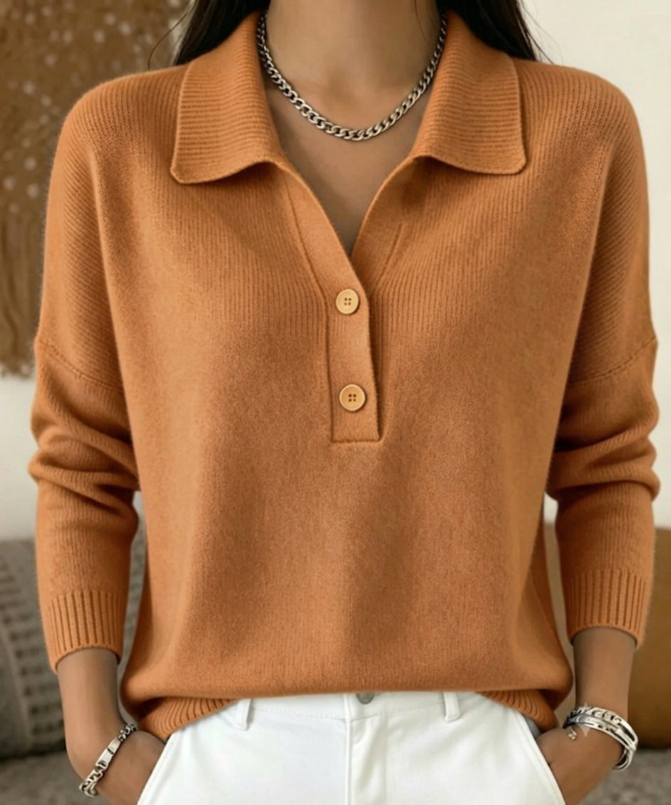 Women 's Polo Collar Knit Sweater Half Button V Neck Solid Color Loose Long Sleeve Elegant Trendy Casual Fall Winter Knit Top - Opxy Luxe