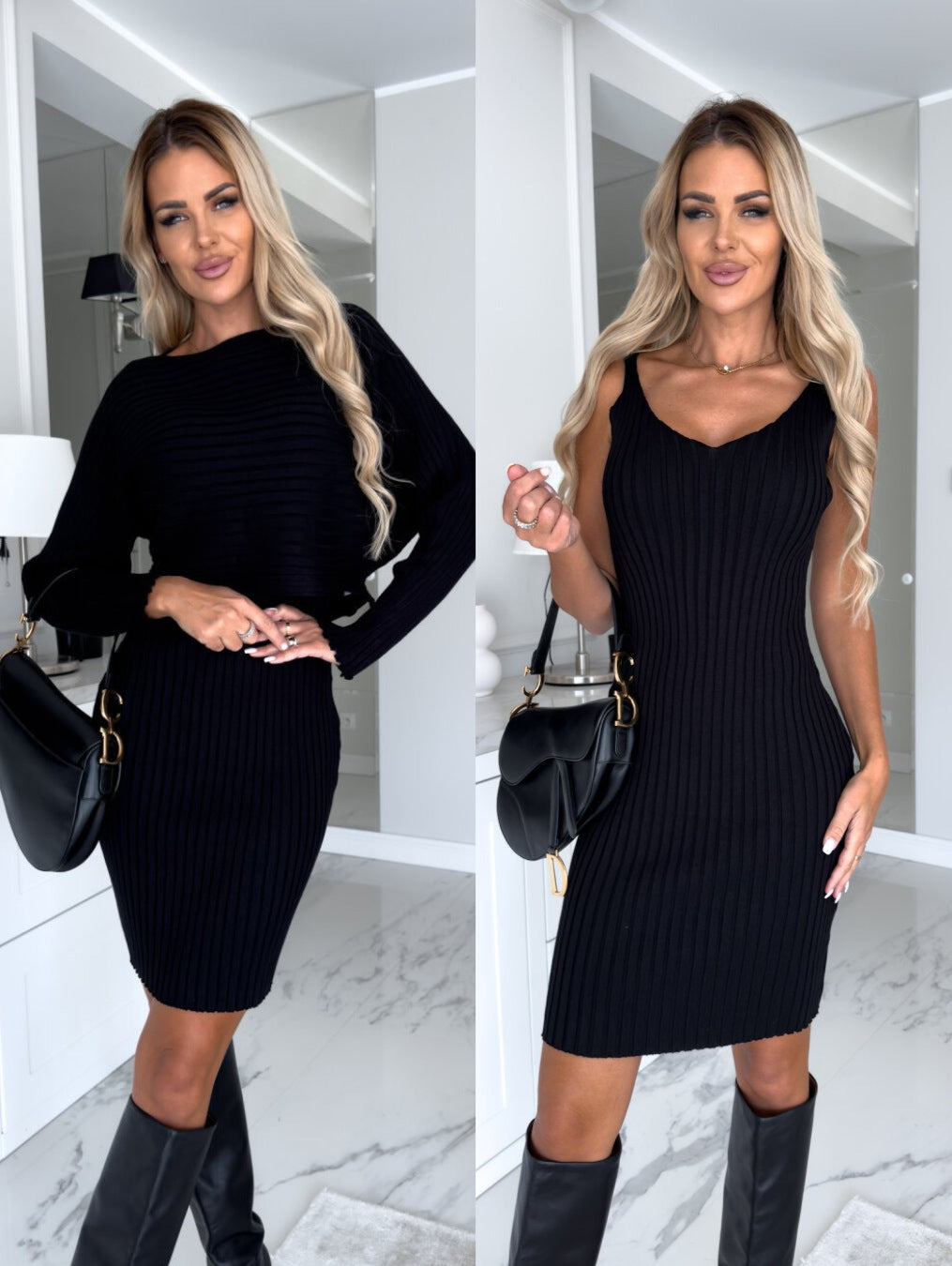 2pcs Suit Women's Solid Stripe Long-sleeved Top And Tight Suspender Skirt Fashion Autumn Winter Slim Clothing - Opxy Luxe