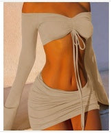 Drawstring Drop Ruched Off Shoulder Two-piece Skirt Set Y2K Long Sleeve Top & Bodycon Skirt Outfits Women's Clothing - Opxy Luxe