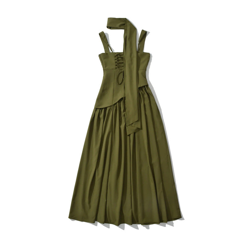 Elegant Olive Green Maxi Dress For Women Summer Flowy Long Dress With Scarf Birthday Party Beach Graduation Dress - Opxy Luxe