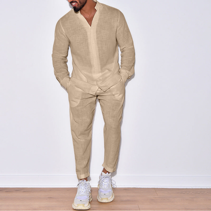 Men's Long Sleeve Suits Solid Color V-neck Pullover Tops And Straight Pants Casual Two Piece Set For Daily Wear Clothing - Opxy Luxe