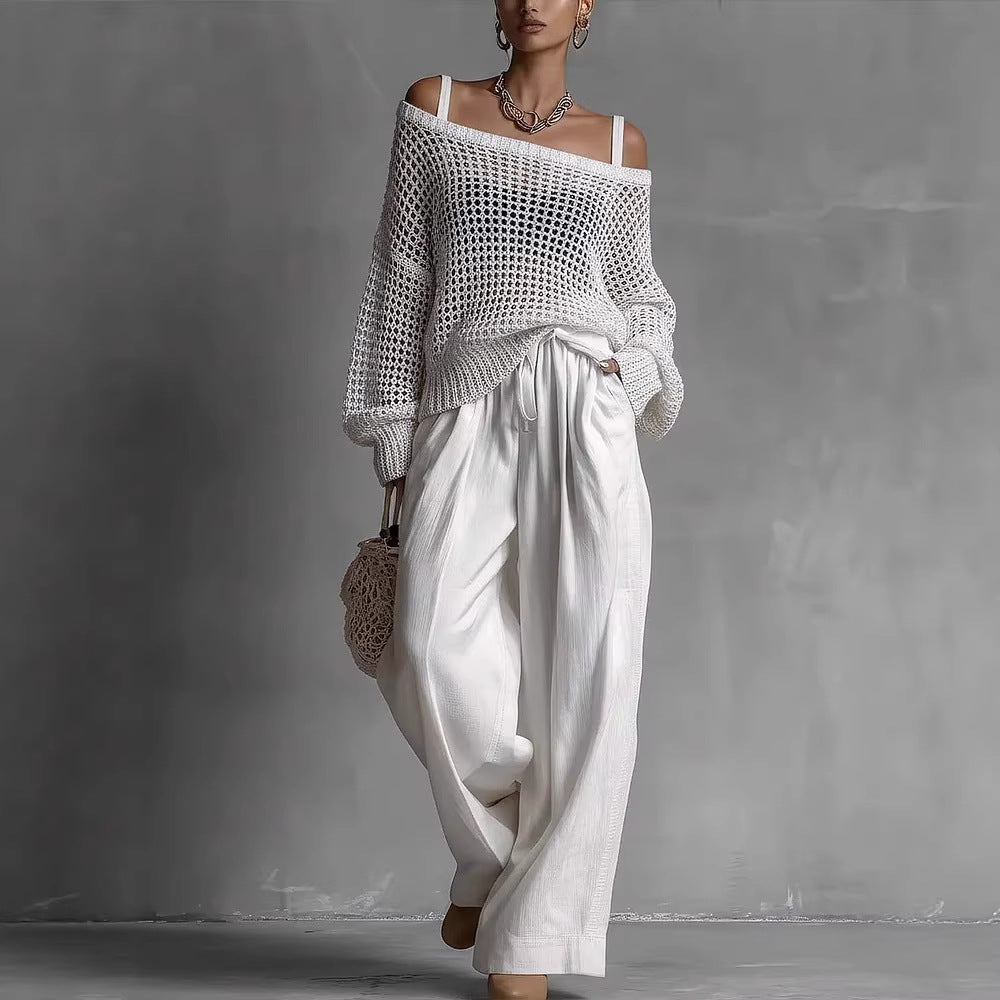 Hollow-Out Knitted Suits Women Loose Pullover Top And Drawstring Straight-leg Pants Casual Two-Piece Set Outfit - Opxy Luxe