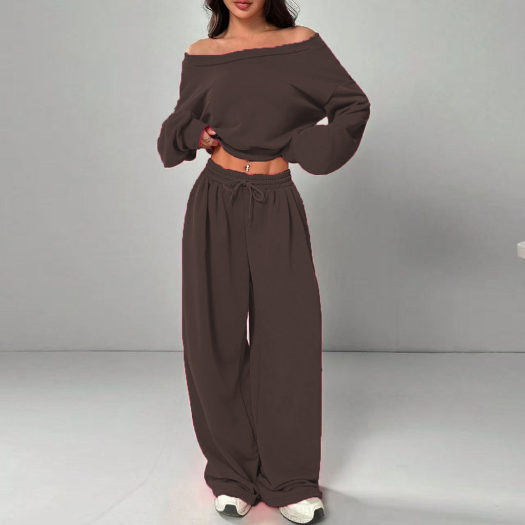 Casual 2-piece Set One-shoulder Long-sleeved Sweatshirt Women's Suit Autumn New Fashion Elastic Waist Tie Loose Sports Trousers - Opxy Luxe