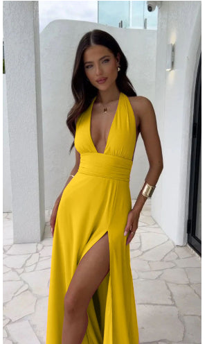Sexy Halterneck V-neck Slit Dress Summer Backless Strappy Skirt Fashion Temperament Clothing Women - Opxy Luxe