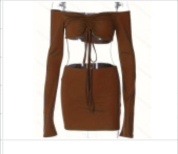 Drawstring Drop Ruched Off Shoulder Two-piece Skirt Set Y2K Long Sleeve Top & Bodycon Skirt Outfits Women's Clothing - Opxy Luxe