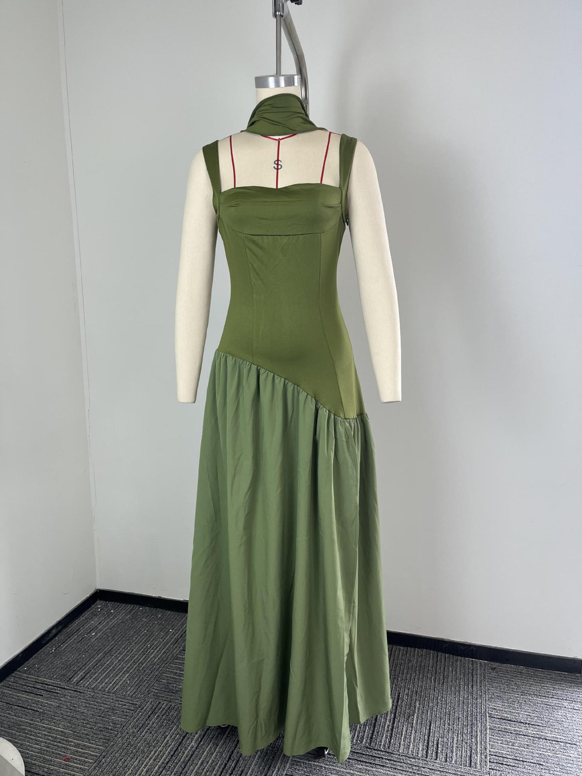 Elegant Olive Green Maxi Dress For Women Summer Flowy Long Dress With Scarf Birthday Party Beach Graduation Dress - Opxy Luxe
