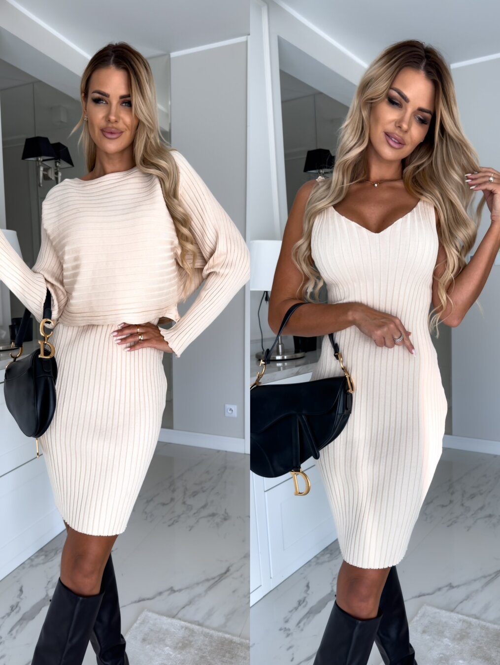 2pcs Suit Women's Solid Stripe Long-sleeved Top And Tight Suspender Skirt Fashion Autumn Winter Slim Clothing - Opxy Luxe