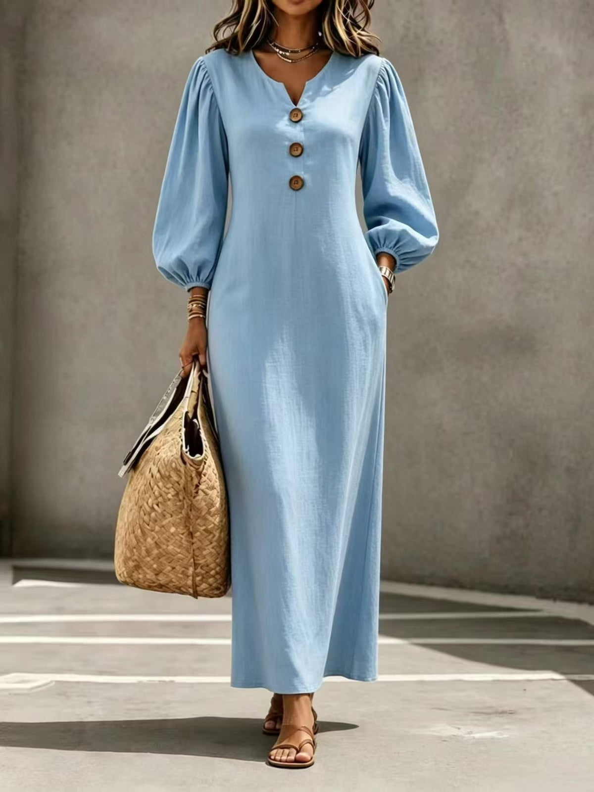 Casual V-neck Buttoned Long Dersses For Women Spring Summer Puff-sleeve A-line Dress For Daily Wear Vacation Outfits - Opxy Luxe