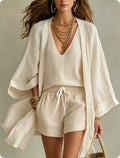 3pcs Suits Mid-length Cardigan Sleeveless Vest And Shorts Set Women's Casual Three-piece Outfit For Daily Wear - Opxy Luxe