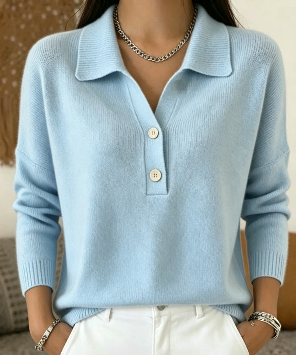 Women 's Polo Collar Knit Sweater Half Button V Neck Solid Color Loose Long Sleeve Elegant Trendy Casual Fall Winter Knit Top - Opxy Luxe
