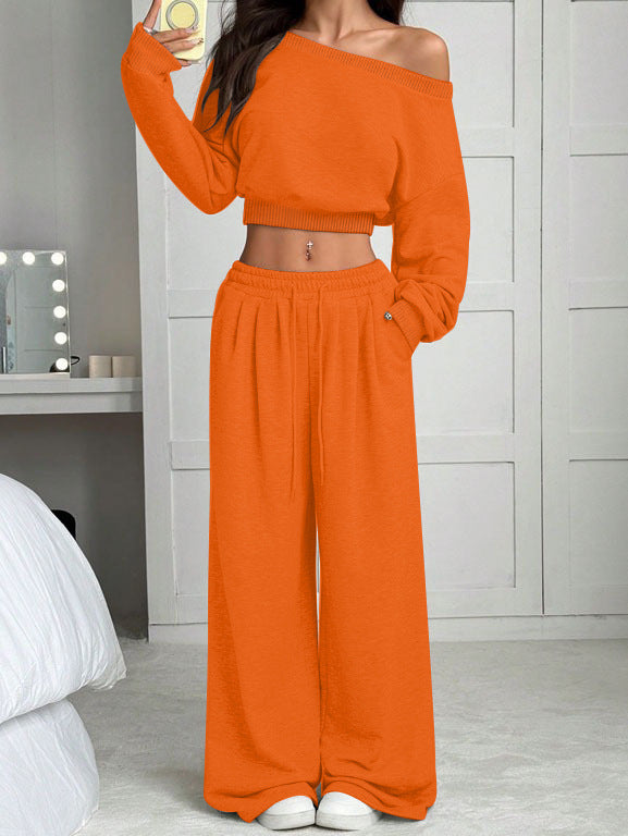 Casual 2-piece Set One-shoulder Long-sleeved Sweatshirt Women's Suit Autumn New Fashion Elastic Waist Tie Loose Sports Trousers - Opxy Luxe