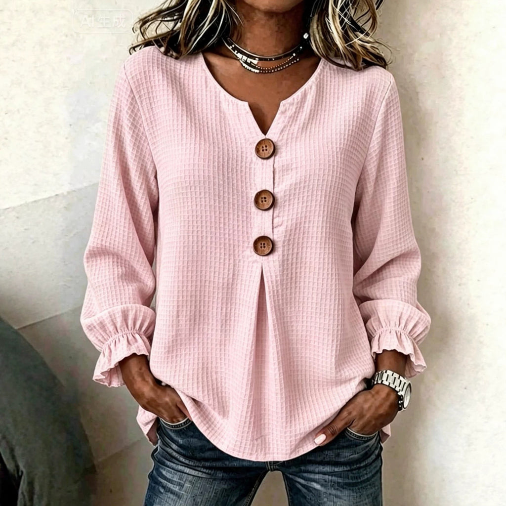 Casual Waffle V Neck Blouse Spring Autumn Women Wooden Button Ruffle Cuff Long Sleeve Loose Casual Tops - Opxy Luxe