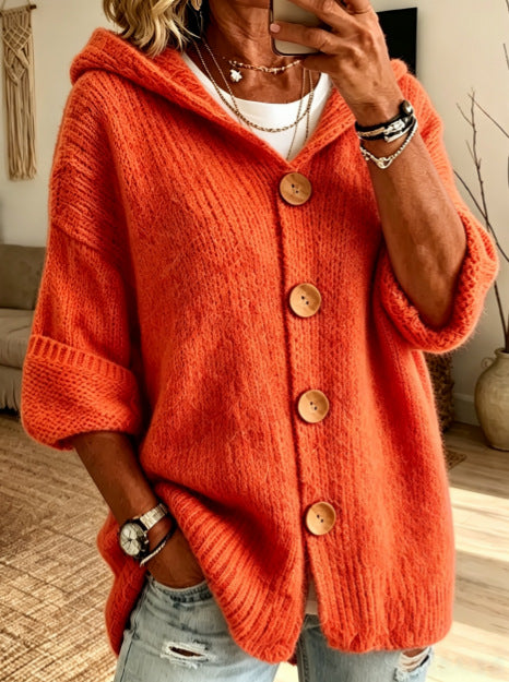 Women's Solid Color Hooded Cardigan Sweater Casual Long Sleeve Button Down Knit Top - Opxy Luxe