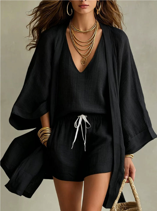 3pcs Suits Mid-length Cardigan Sleeveless Vest And Shorts Set Women's Casual Three-piece Outfit For Daily Wear - Opxy Luxe