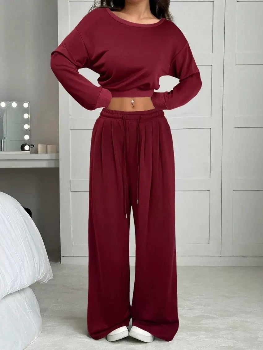 Casual 2-piece Set One-shoulder Long-sleeved Sweatshirt Women's Suit Autumn New Fashion Elastic Waist Tie Loose Sports Trousers - Opxy Luxe