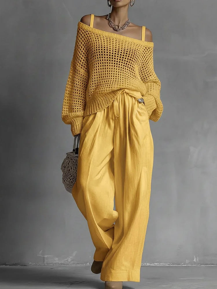 Hollow-Out Knitted Suits Women Loose Pullover Top And Drawstring Straight-leg Pants Casual Two-Piece Set Outfit - Opxy Luxe