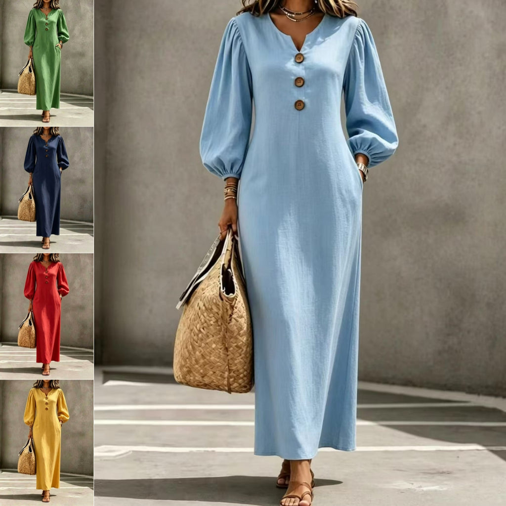 Casual V-neck Buttoned Long Dersses For Women Spring Summer Puff-sleeve A-line Dress For Daily Wear Vacation Outfits - Opxy Luxe