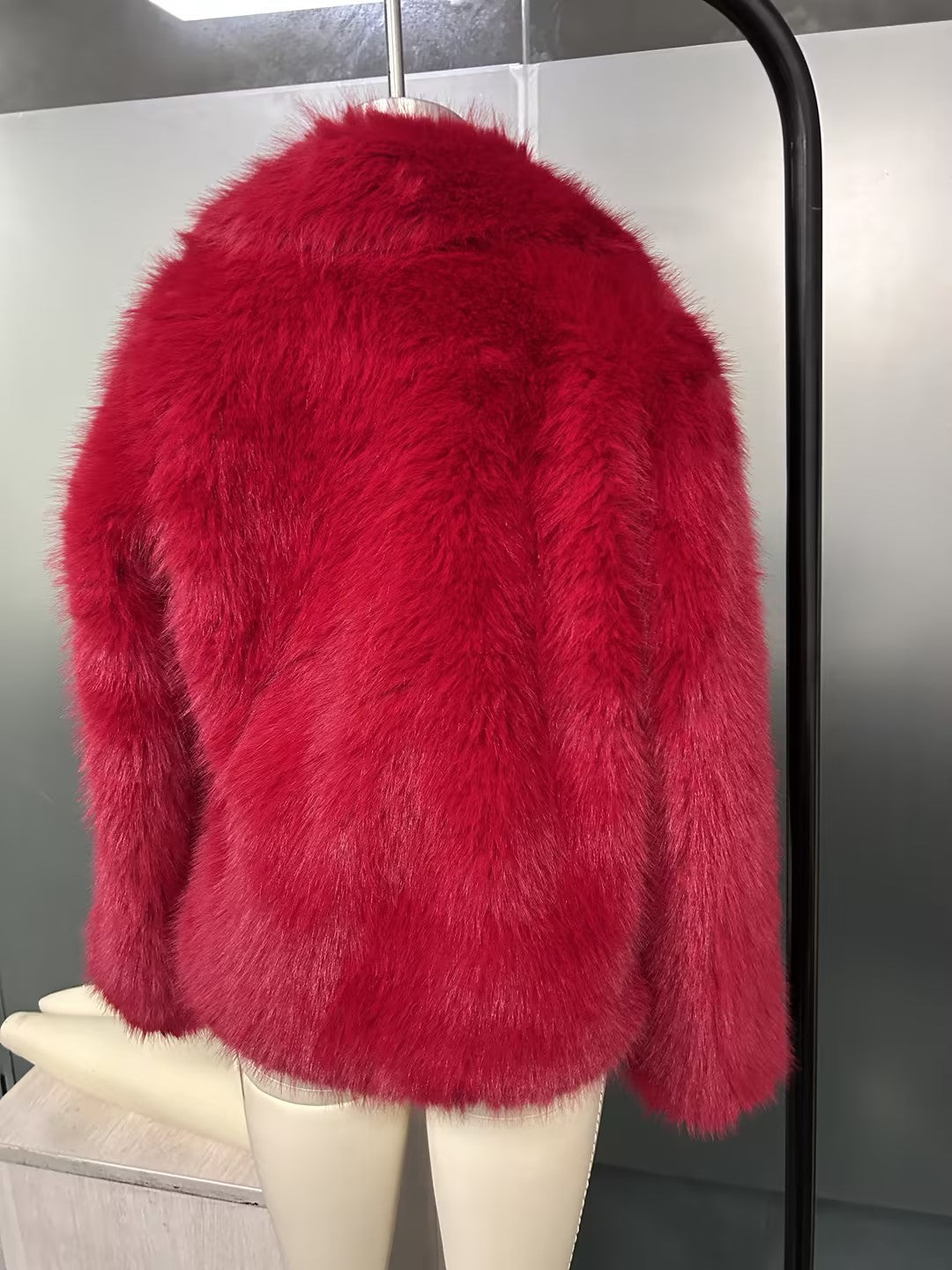 Women Vintage Bright Red Faux Fur Jacket, Loose Wide Collar Cropped Furry Outerwear - Opxy Luxe